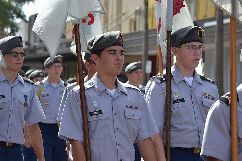 Sarasota Military Academy cadet Richard Pagalday marches with classmates.