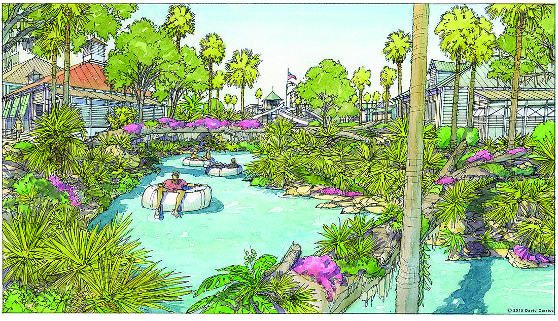 The proposed 20-acre Lost Lagoon waterpark will feature a coaster slide, 20,000-square-foot wave pool with a simulated beach and 2,667-foot-long lazy river.
