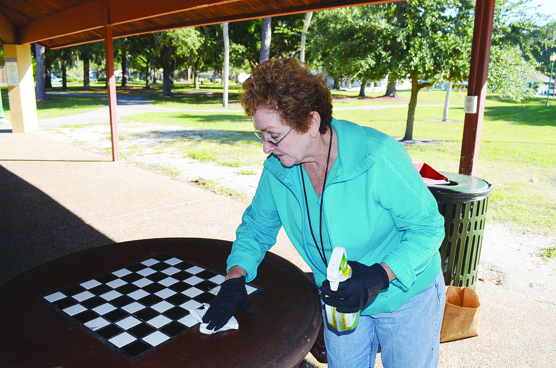Before the city agreed to remove the concrete tables from the pavilion, Gillespie Park resident Linda Holland regularly helped clean them in preparation for the childrenâ€™s reading program hosted in the park. Photo by David Conway