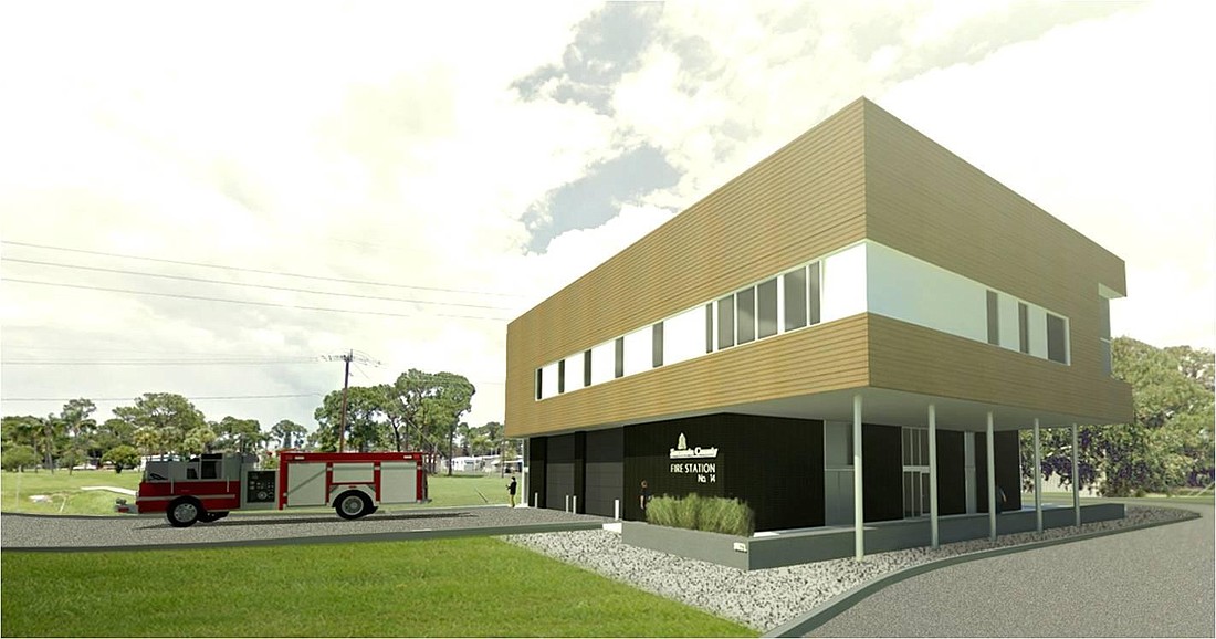The new station will be two stories with two fire truck bays. Rendering courtesy of Sarasota County.