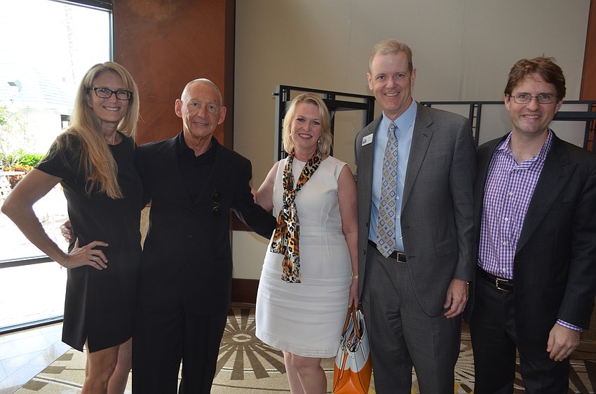 Ashley Grant, of SRQ Media, Keith Monda, of All Faiths Food Bank, Non-Profit Organization of the Year finalist, Veronica Brady, of Gulf Coast Community Foundation, Jay Clarkson, of CS&L CPAs, and Wes Roberts, of SRQ Media