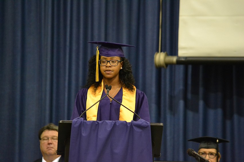 Aaliyah Harris addresses students during her commencement speech.