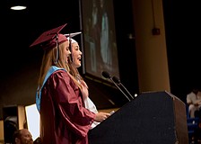 Emma Slotabec and Ella Biggins and  deliver their silly and serious speech side-by-side.