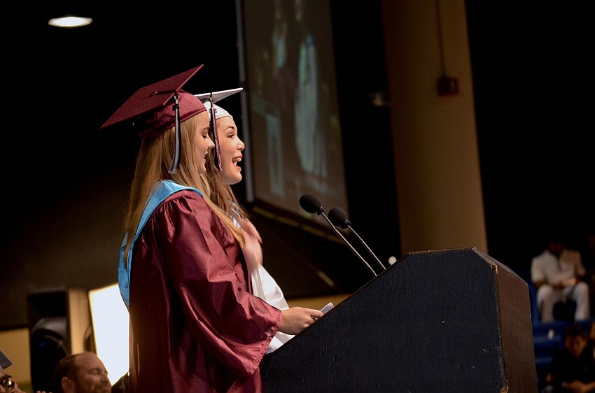 Emma Slotabec and Ella Biggins and  deliver their silly and serious speech side-by-side.