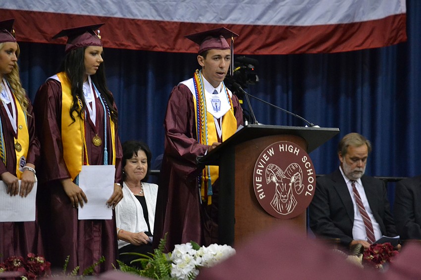 Jake Hurwitz addresses classmates during his salutation speech at the Riverview High School commencement ceremony.