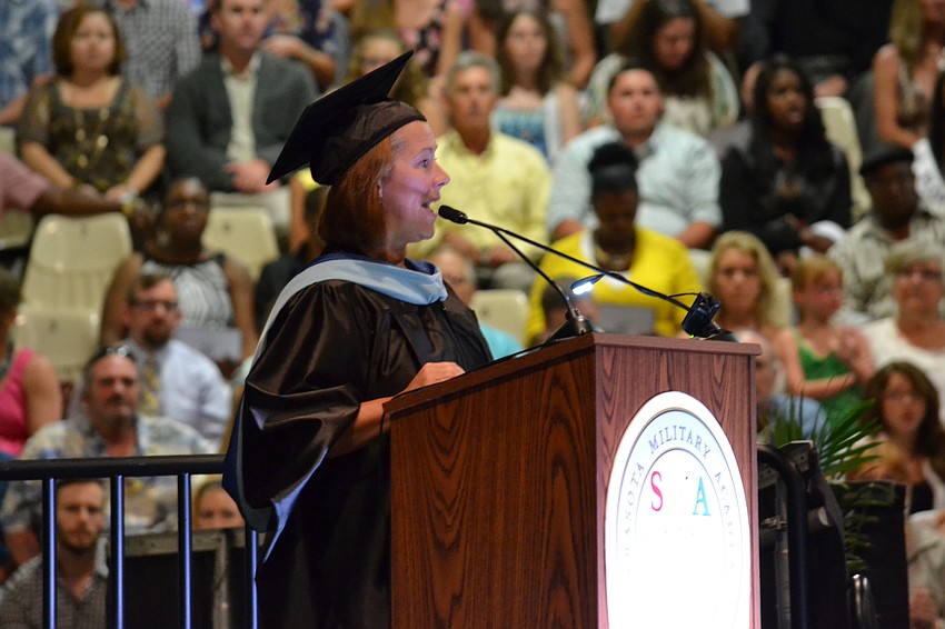 Head of School Christina Bowman encourages students to never give up during her commencement speech.