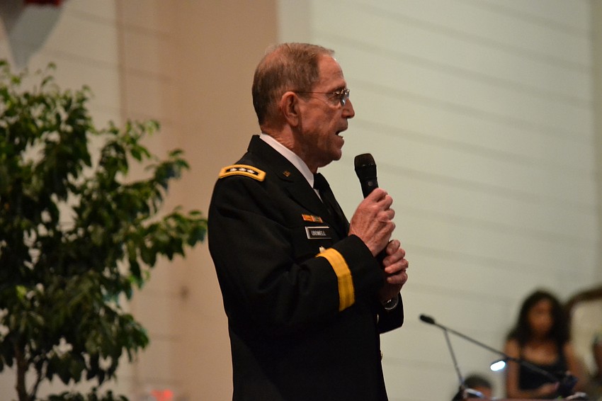 Sarasota Military Academy Board Chairman Lt. Gen. Howard Crowell addresses cadets.
