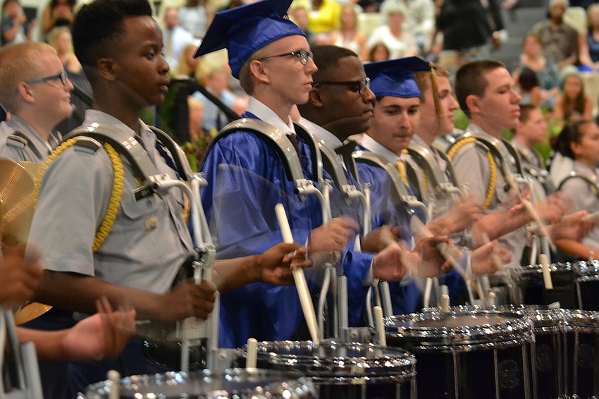 The Sarasota Military Academy drumline performs during the commencement ceremony.