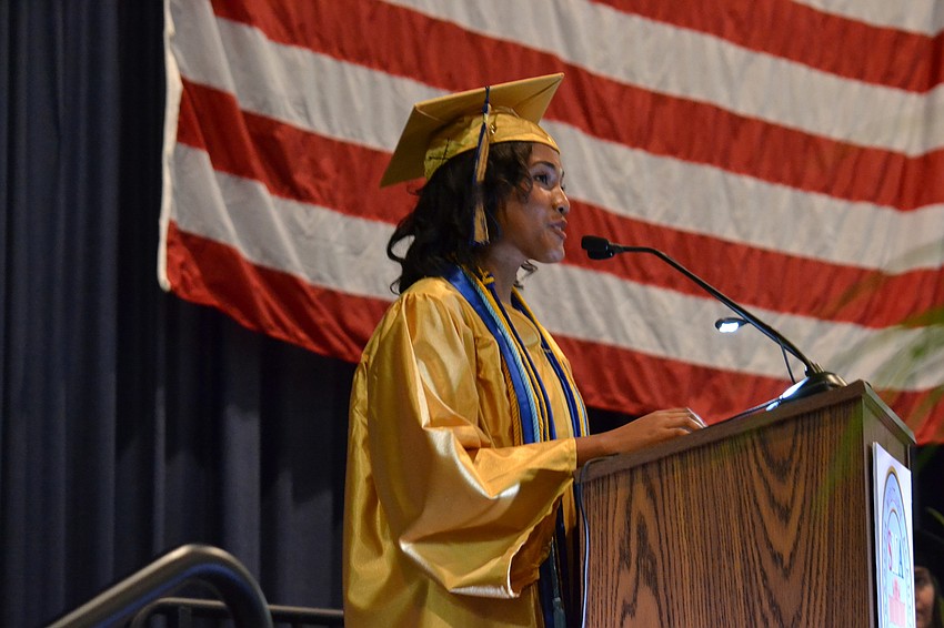 Cadet Regimental Commander for 2014-2015 Whitney Stewart delivers her commencement speech to classmates.