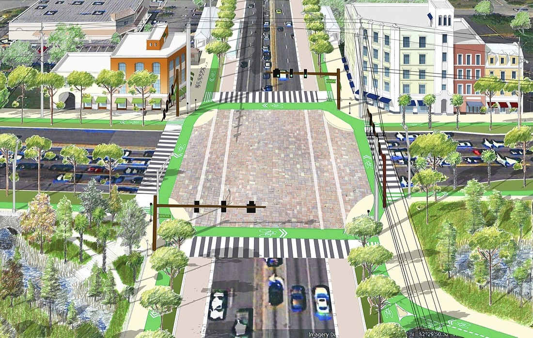 This conceptual rendering depicts what a built-out Fruitville-Beneva intersection could look like. Buildings front the street, and bike and bus lanes encourage other forms of transportation. Courtesy rendering