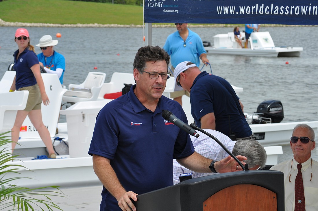 USRowing CEO Glen Merry announces his organization has selected Nathan Benderson Park as the Olympic trials rowing site in 2016.