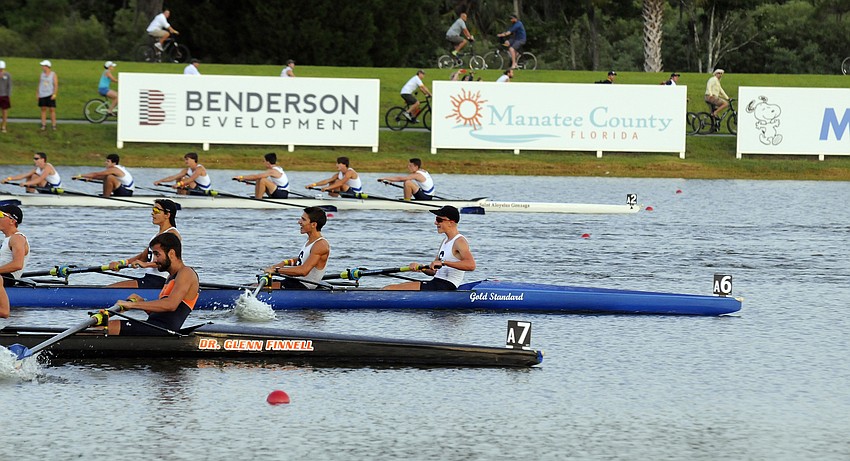 The Sarasota Crew Men’s Lightweight Youth 8+ looks to hold off Orlando Area Rowing Society down the stretch of the semifinals June 14.