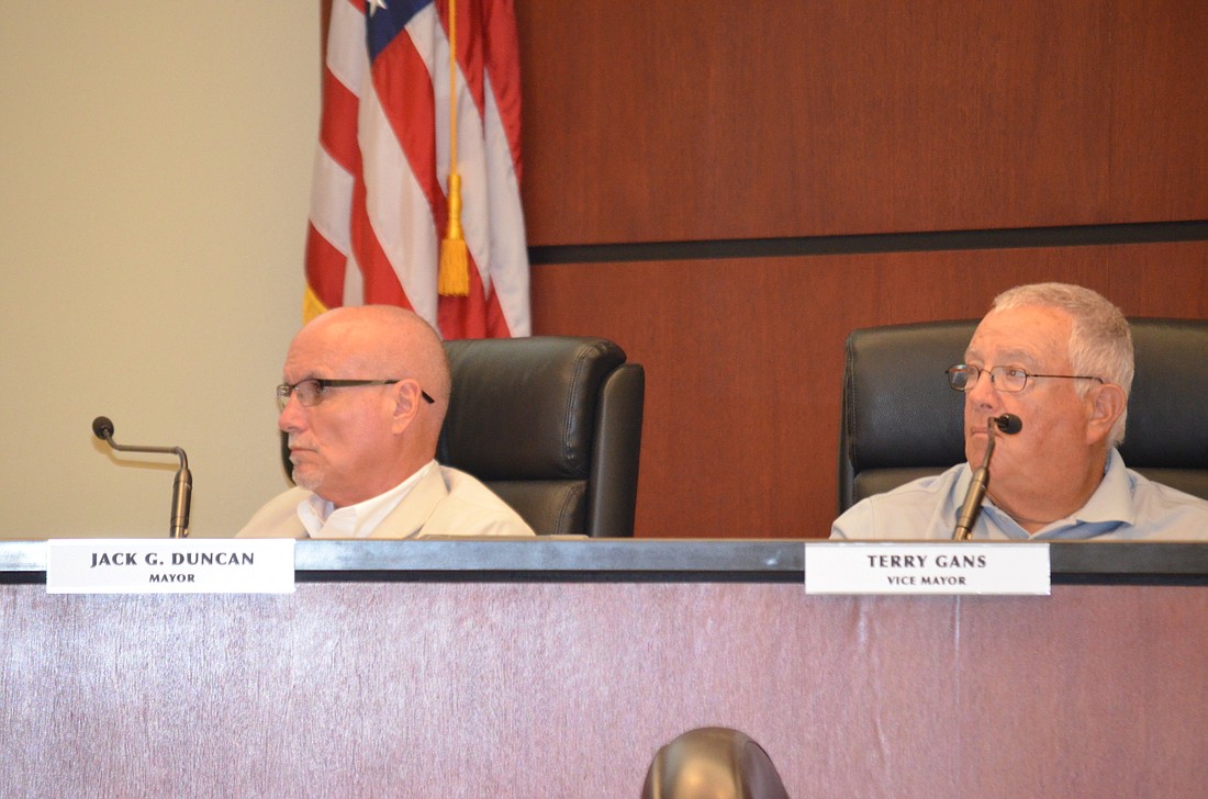 Mayor Jack Duncan, left, and Vice Mayor Terry Gans listen to a budget discussion Monday at Town Hall.