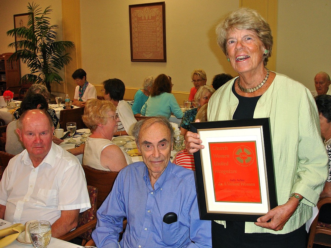 Judy Achre honored as Valiant Woman. Church Women United of Manatee County honored Judy Achre, right, as Valiant Woman of the Year May 2, at Westminster Manor. Submitted by Sue Reese