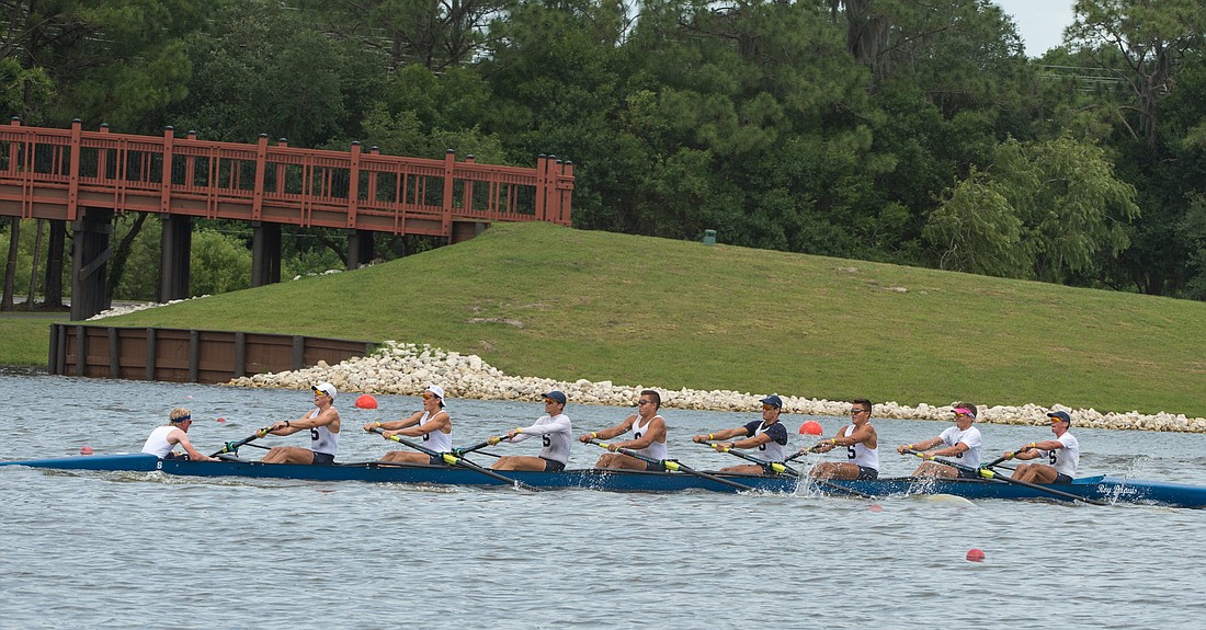 The Sarasota Crew men's varsity 8+ boat earned a bid to this year's USRowing Youth National Championships, where it will seek to defend its national title. Photo courtesy of Lisa Worthy.