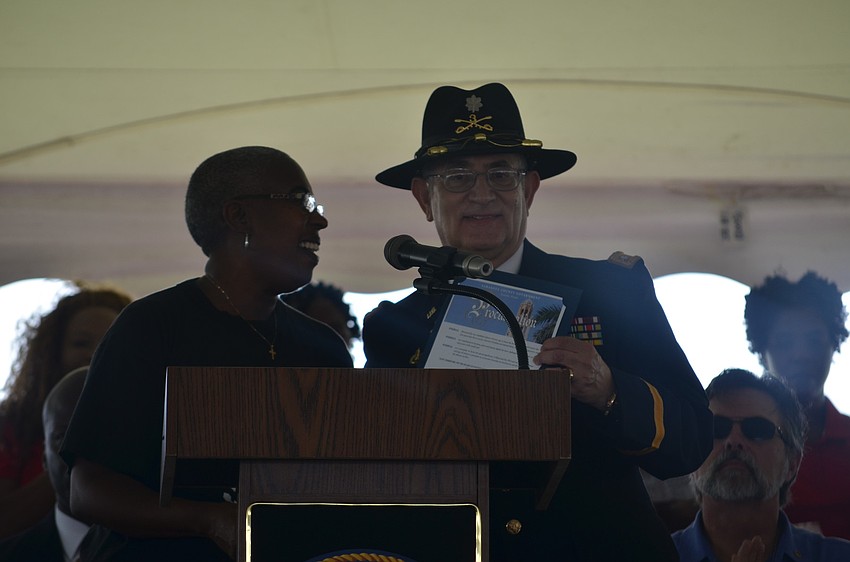 County Commissioner Carolyn Mason with Lee Kiche. Mason proclaimed May 26 to be Memorial Day
