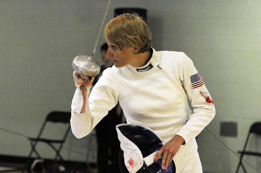 The United Statesâ€™ Margaux Isaksen prepares for her final dual in the mixed relay round robin fencing event June 8.