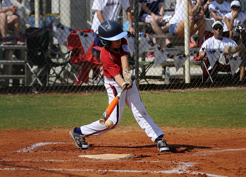 Luke Geske got a hit for the Sarasota American 9/10 team during its tournament opening victory over Sarasota National June 21.