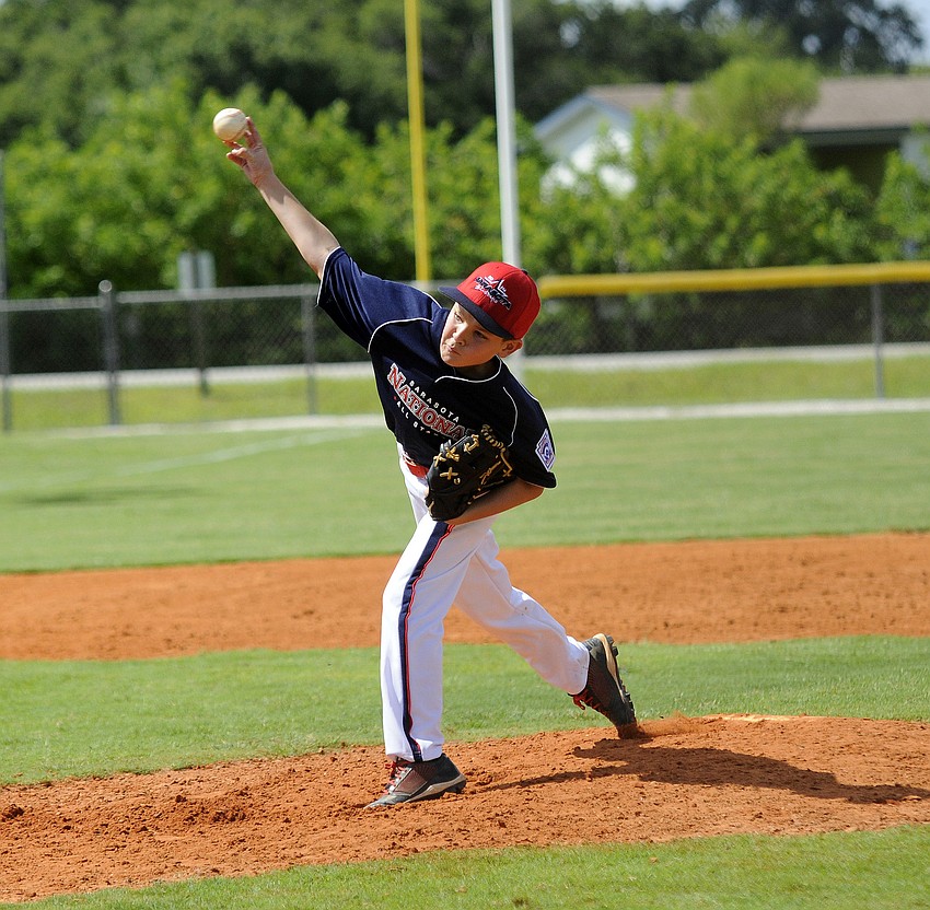 Matthew McFall pitched for the Sarasota National 10/11 All-Stars in their tournament opener June 21.