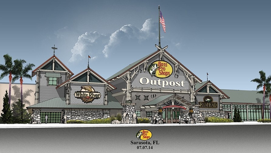 A Bass Pro Shops rendering shows plans for the outdoor retailer's 14th Florida store, which is slated to be part of the Fruitville Initiative.