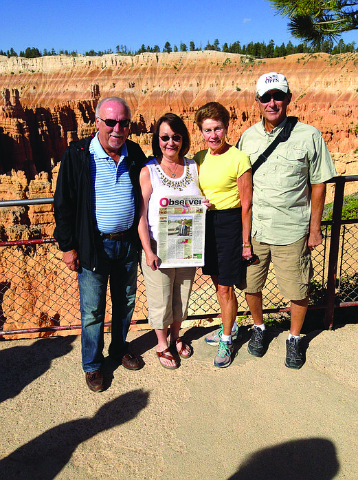 CANYON CRAWL. Ron and Glenda Robertson and Elaine and Pete Bokach brought their East County Observer to Bryce Canyon National Park, in Utah.