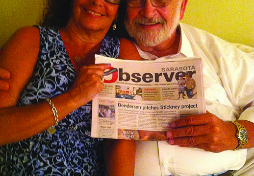 DINNER DUO. Linda Pearson and Phil Pickrell brought their Sarasota Observer along to a dinner at Pearson's sister's house in Sarasota.