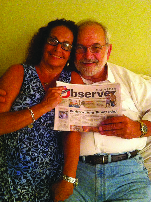 DINNER DUO. Linda Pearson and Phil Pickrell brought their Sarasota Observer along to a dinner at Pearson's sister's house in Sarasota.