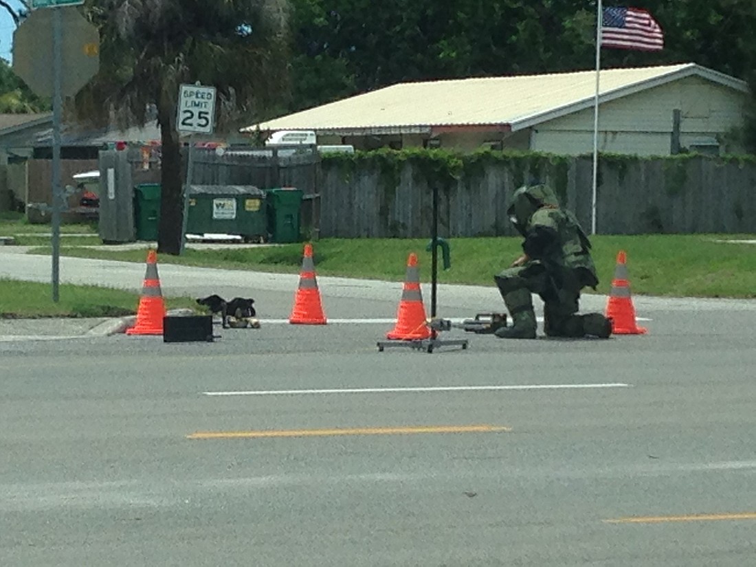 Photo courtesy of the Sarasota Sheriff's Department. The Hazardous Devices Unit destroyed a cylindrical object filled with a gel-like substance in a paper bag July 14 on Swift Road.