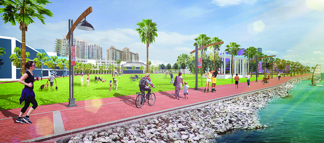 Courtesy rendering A public park and baywalk is one of several features included in the Sarasota Bayfront Now plan, which looks to develop a large swath of city land along the water.