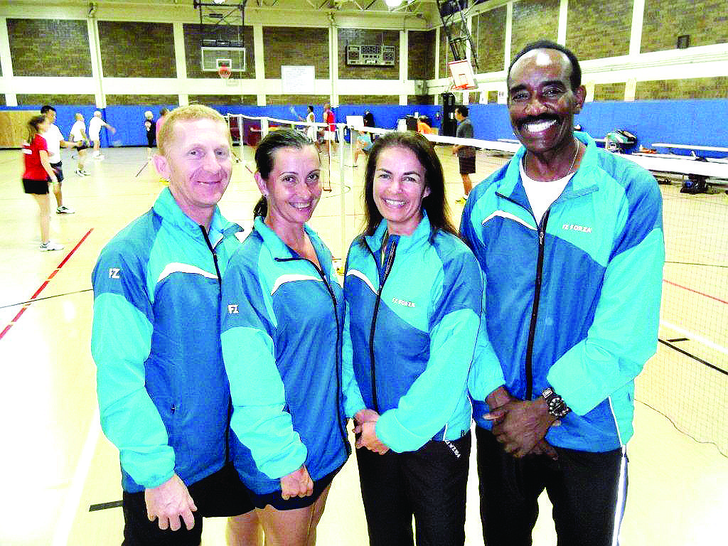 Courtesy photo Sandor Jakovics, Krisztina Ihaszy, Sue Dickson and Watkins Fessal, nicknamed "the four crazies," are hoping to set a new Guinness World Record for continuous badminton doubles play.