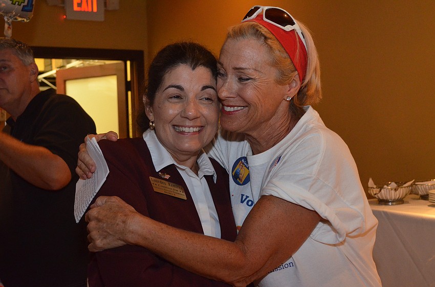 Lourdes Ramirez receives a hug from supporter Ann Kaplan at her watch party at Gecko's Grill and Pub on Clark Road.