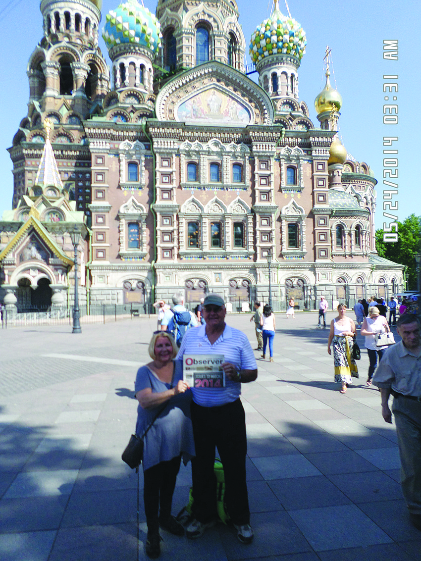 CRUISE NEWS. Nancy and Geoffrey Vavra read their East County Observer in front of the Church of the Savior on Spilled Blood in St. Petersburg, Russia. The couple enjoyed the stop as part of a 25-day Baltic cruise.