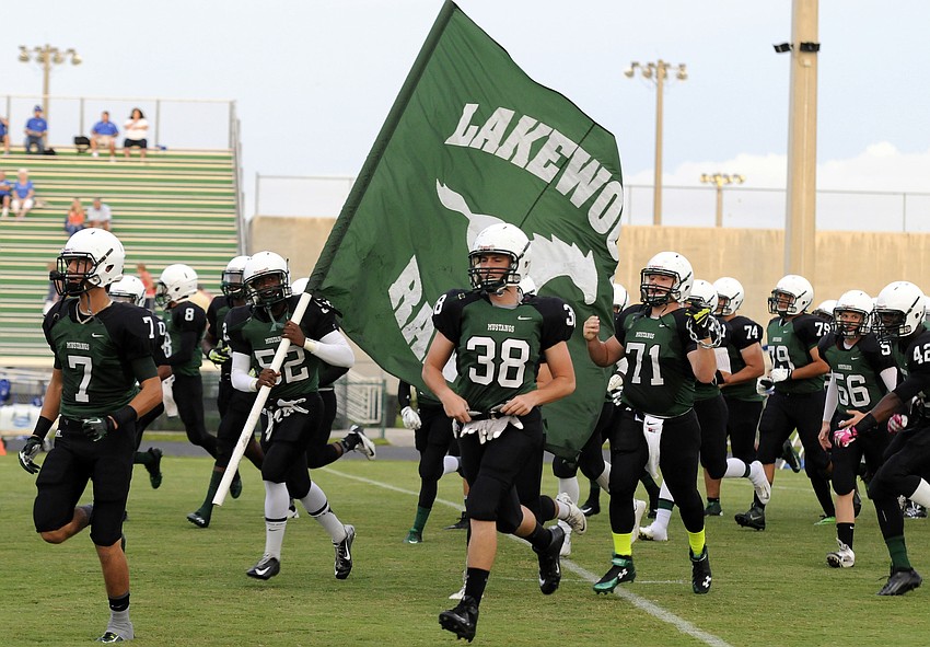 The Lakewood Ranch High football team takes the field for its home-opener versus Tampa Jesuit Sept. 5.
