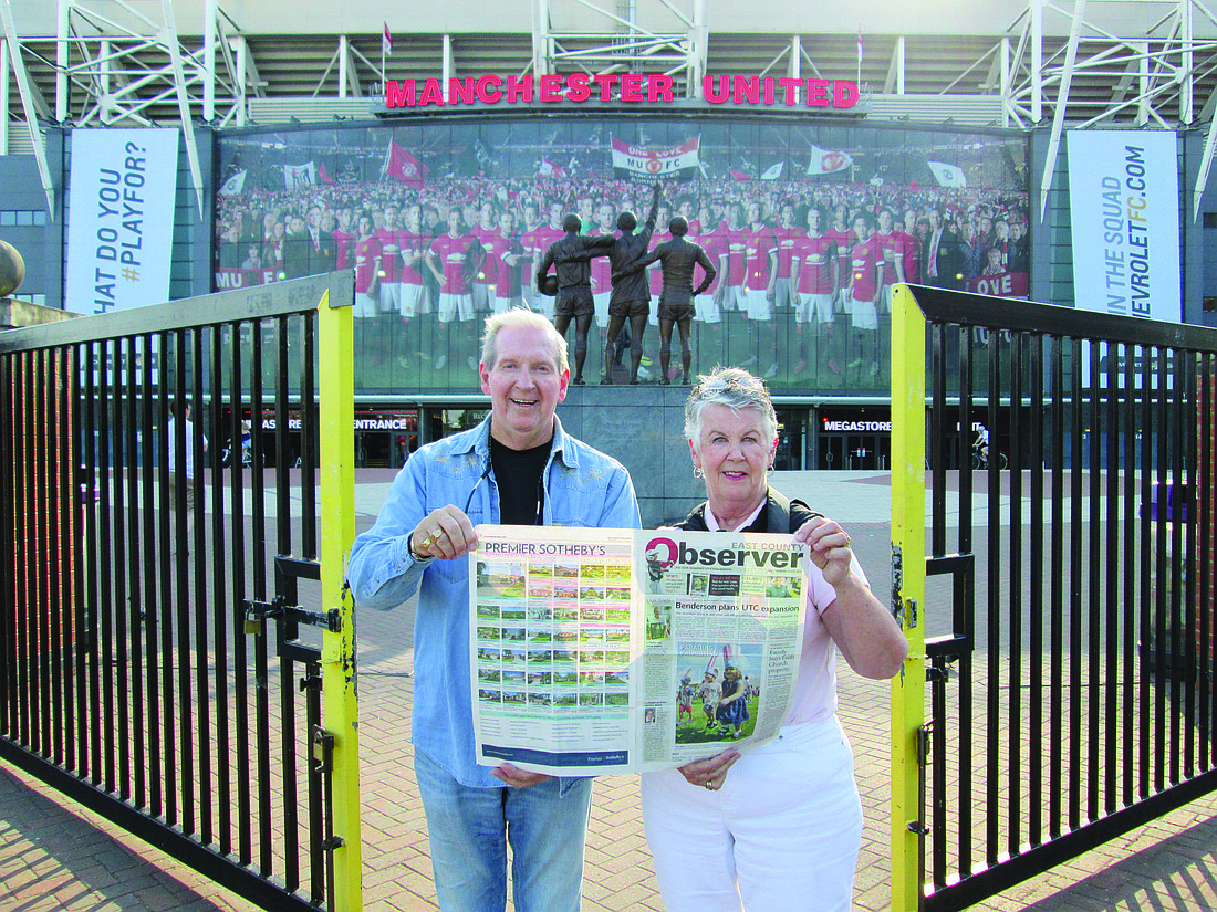 WEDDING WISHES. Mike and Patt Staley visited Manchester, England, home of the Manchester United soccer team, while in England for their son's wedding at the Peckforton Castle in Cheshire.