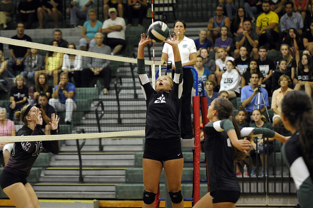 Lakewood Ranch setter Courtney Rapp finished with 39 assists and seven digs versus Braden River. Photo by Jen Blanco