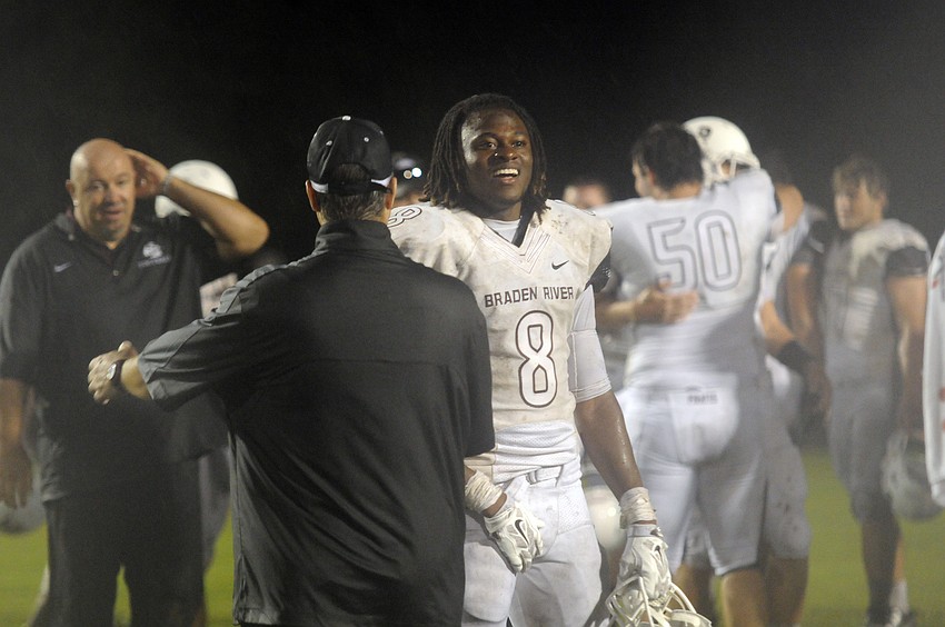 Braden River senior linebacker Jimiah Albritton celebrates following Pirates 21-6 victory over district rival Lakewood Ranch Sept. 19.