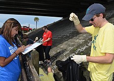 Veronica Hernandez records trash findings with Michael Comes.