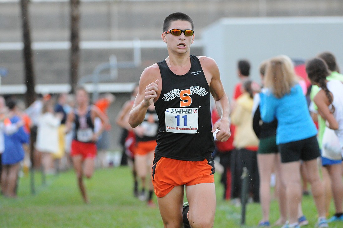 Sarasota High junior Adam Bradtmueller crossed the finish line in 15 minutes, 48.30 seconds to win the North Port XC Invitational Sept. 20. File Photo