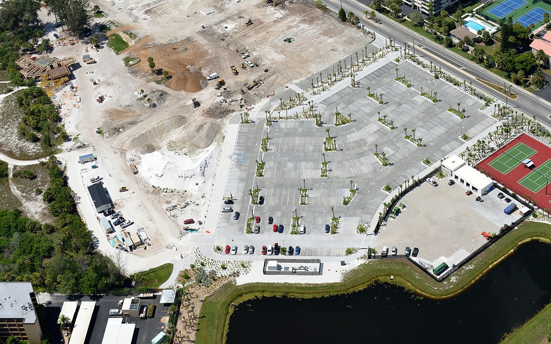 This aerial photo of the Siesta Key public beach improvements shows the east concessions building in the top left, with the new maintenance building and tennis courts on the right.