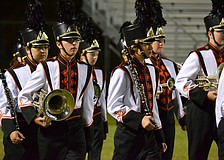 The Sarasota High School marching band takes the field during halftime for the Homecoming game.