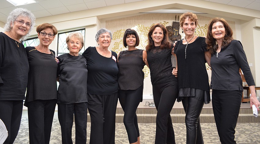 The â€œSisterhood Rockettesâ€ performed a skit for the luncheon. Diane Browne, Barbara Gerber, Sylvia Gross, Renee Gold, Sabrina Silverberg, Suzan Brodsky, Alice Cotman and Linda Weiss.