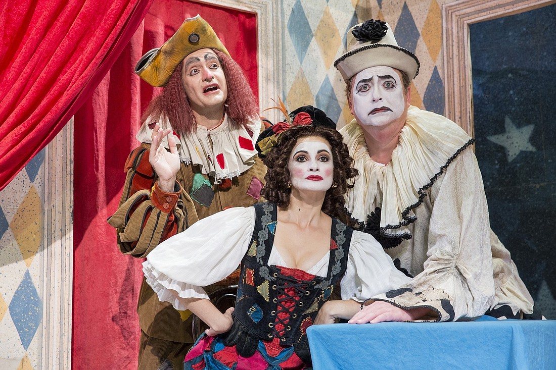 Marco Nistico as Tonio, Veronica Mitina as Nedda and Michael Robert Hendrick as Canio in Sarasota Opera's 'Pagliacci.' Photo by Rod Millington.