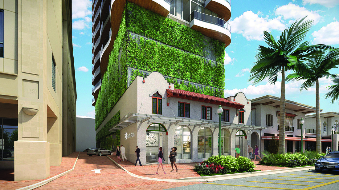 The planned 18-story condominium at 33 S. Palm Ave. is required to preserve the facade of the historic DeMarcay Hotel building. Rendering courtesy of Premier Sotheby's International Realty