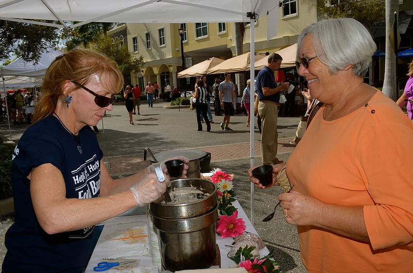 Michelle Payne and Nancy Oconnor chat over soup.