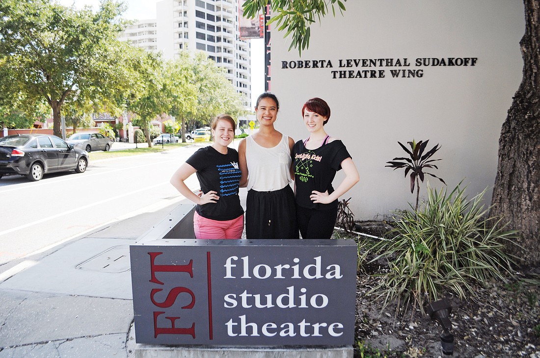 Rebekah Small, Nicole Wee and Savannah Sinclair outside their theatrical home, the Florida Studio Theatre.