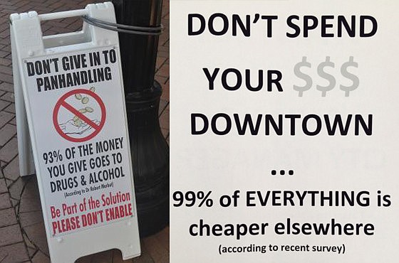 Signs like those on the left, posted by the Sarasota Downtown Merchants Association, inspired Florida ACLU Vice President Michael Barfield to post signs like the one on the right downtown.