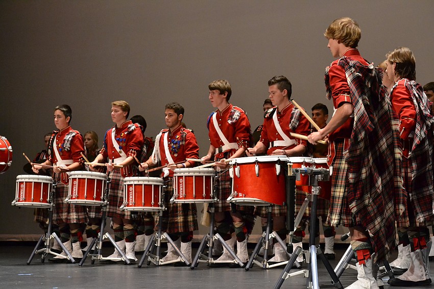 The Riverview High School drum line takes the stage for the â€œSmackdownâ€ portion of the concert.
