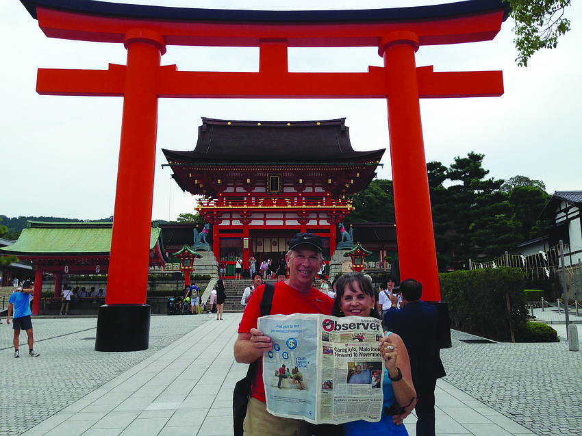 SPIRITUAL JOURNEY. Rick Doherty and Mary Puleo took their Observer along for a visit to the Fushimi Inari Taisha Shinto Shrine in southern Koyoto, Japan. This shrine has ancient origins predating 794.