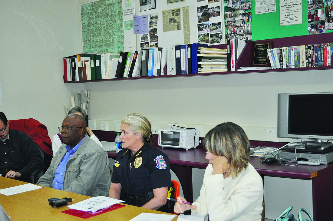 Sarasota Police Department Chief Bernadette DiPino, middle, speaks at MondayÃ¢â‚¬â„¢s meeting of the Original Gillespie Park Neighborhood Association.