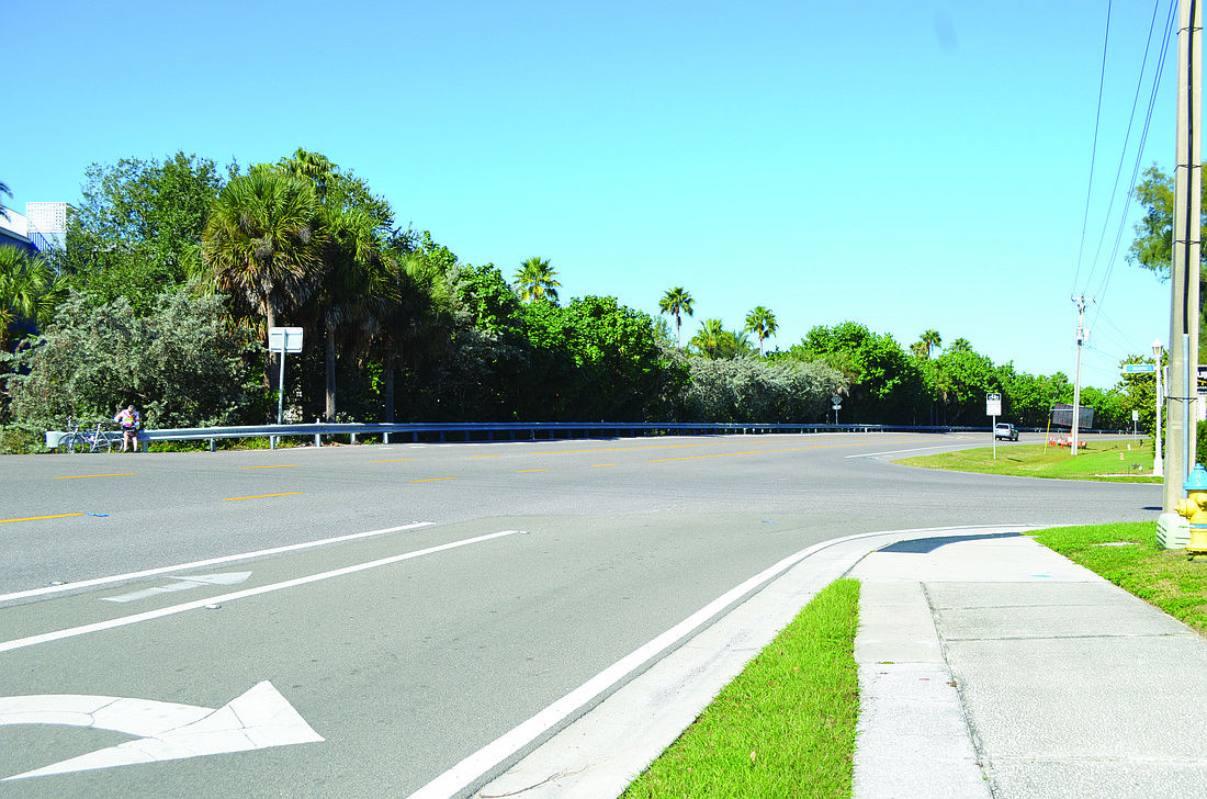 The curve at the intersection of Broadway and Gulf of Mexico Drive makes it a poor fit for a crosswalk, according to L.K. Nandem, district traffic engingeer for FDOT, who suggested the town pursue a roundabout at the location. Photo by Kristen Herhold
